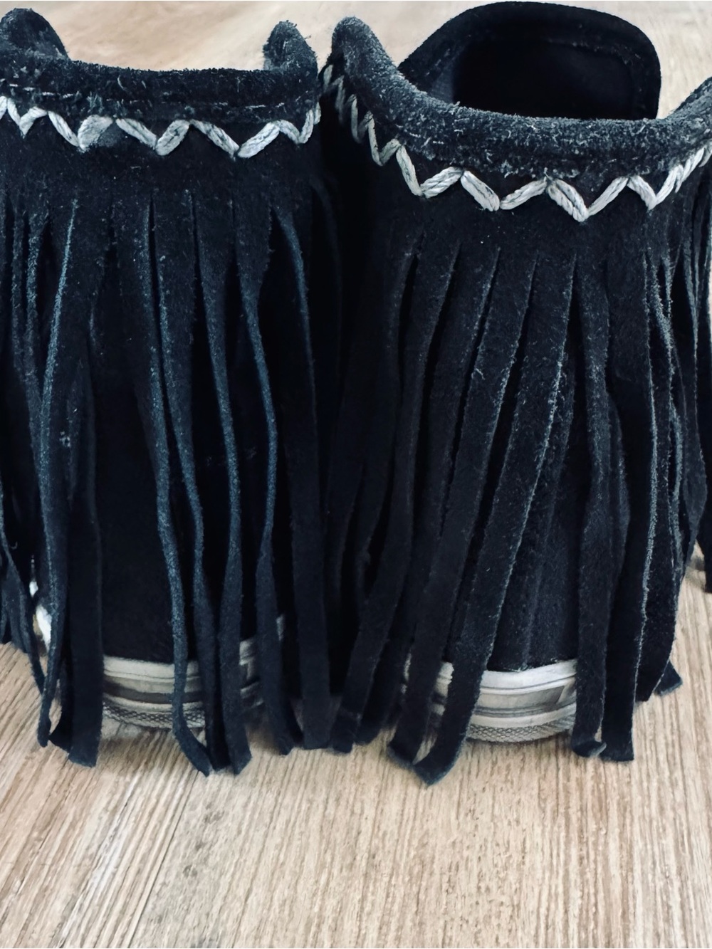 LF Black Suede Fringe Sneakers with White Stitch Detail